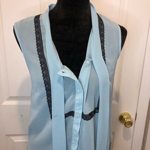 Petticoat Alley blue button down sheer bow blouse - Picture 11 of 11